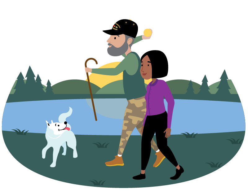 Illustration of couple walking with a dog