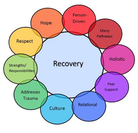 SAMHSA Recovery Wheel: Hope, Person-Drive, Many Pathways, Holistic, Peer Support, Relational, Culture, Addresses Trauma, Strengths/Responsibilties, Respect.