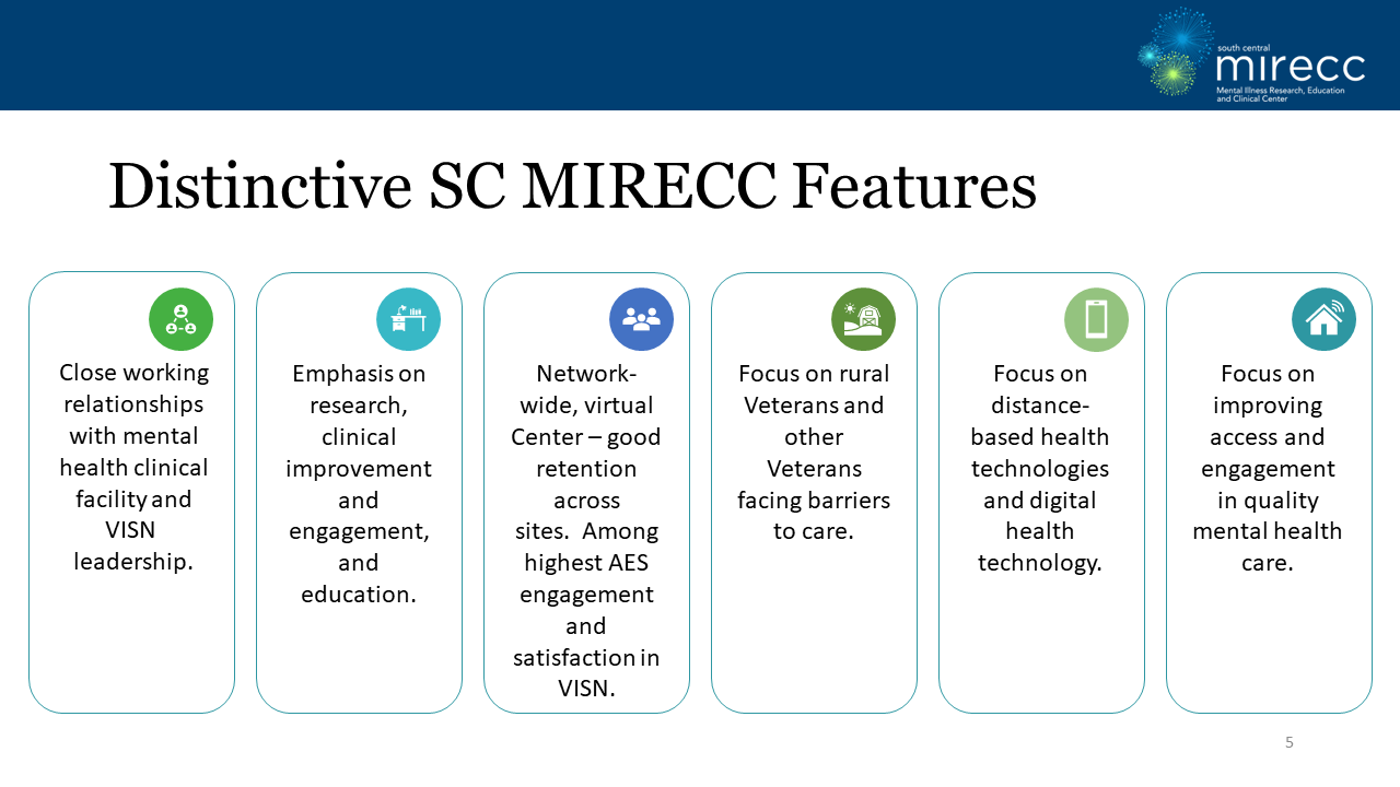 chart of SC MIRECC distinctive features including working relationshps and emphasis and focus areas