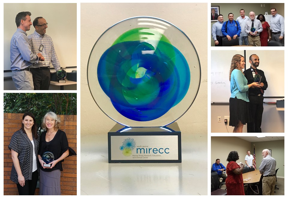 Collage of photos of award 

recipients receiving their awards at staff meetings and a close-up of the award.