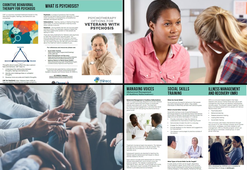 Collage of screenshots from the Psychotherapy Options for Veterans with Psychosis Brochures