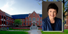 Stephanie Gamble headshot over background of CoE building