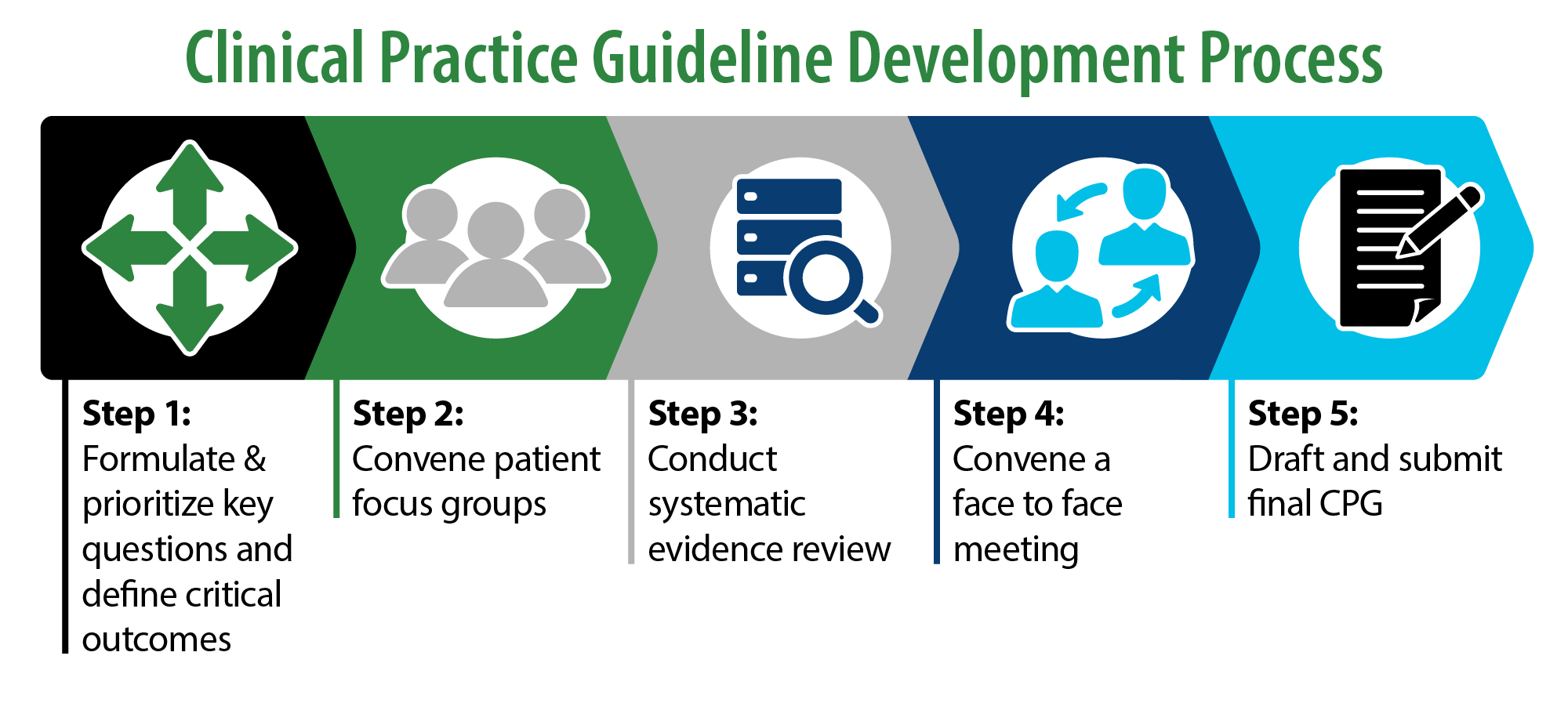 CPG Development Process: Step 1 - Formulate and prioritize key questions and define critical outcomes. Step 2 - Convent patient focus groups. Step 3 - Conduct systematic evidence review. Step 4 - Convene a face to face meeting. Step 5 - Draft and submit final CPG