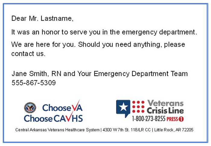 Image of example contact card with VA Health System and Veteran Crisis Line contact information. Full image transcript provided below.