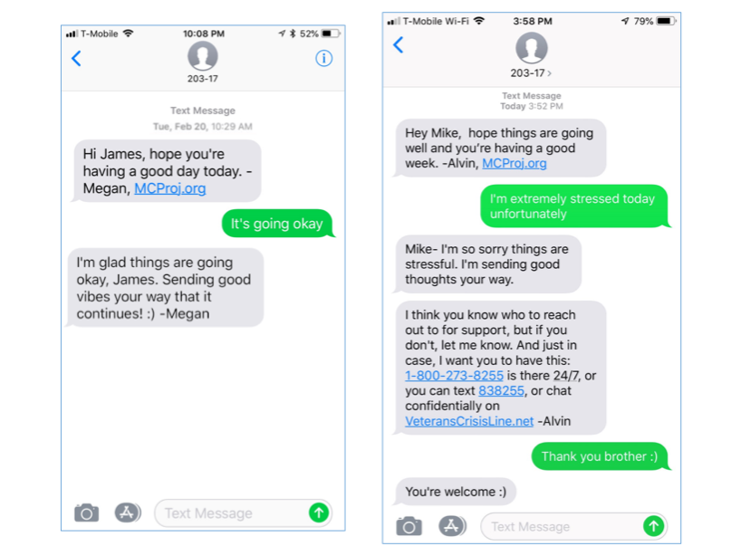 Two screen captures of text-message conversations, side-by-side. Full image transcript provided below.