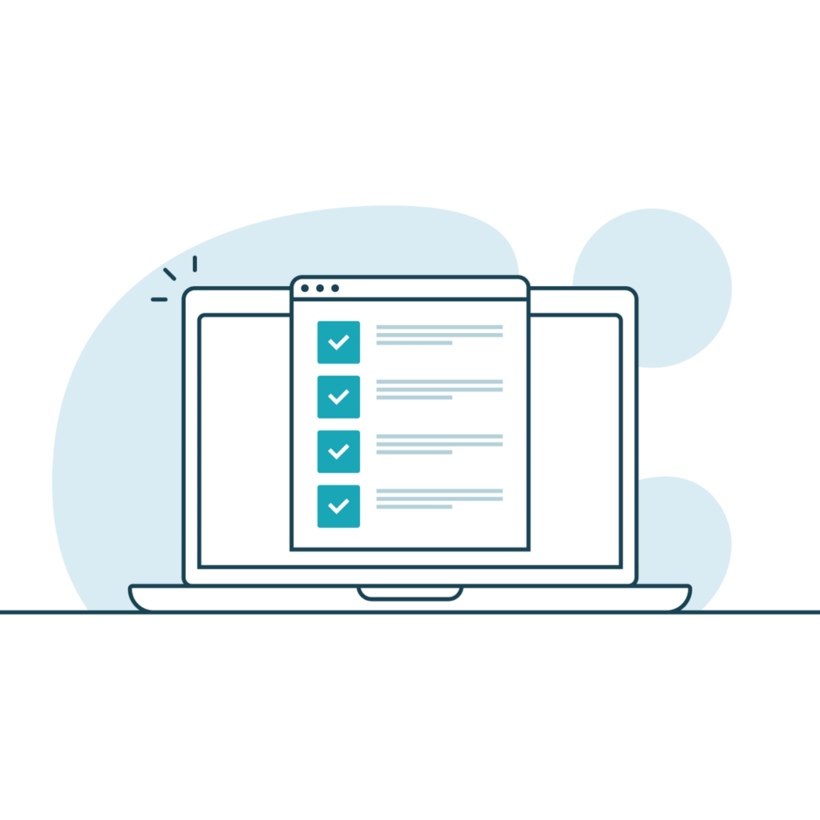 An illustration of a laptop computer with the screen showing survey questions and check boxes.