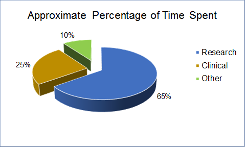 Pie Chart Titled: Percentage of Time Spent with 65% Research, 25% Clinical and 10% Other