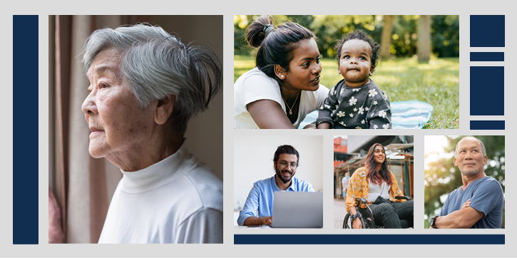 Five images of Asian American and Pacific Islander individuals. Left, portrait of an elderly woman looking out a window. Top right, young mother laying on a blanket outside looking at her infant child. Bottom left, man with glasses working on a computer. Bottom center, young woman in a wheelchair outdoors smiling. Bottom right, portrait of an older man outdoors with a neutral expression.