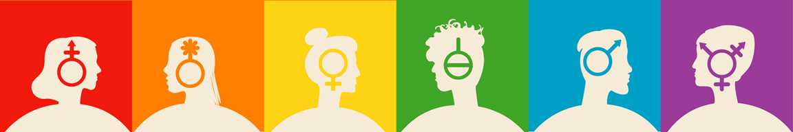 A rainbow banner of gender diverse people and associated gender symbols. From left to right the blocks of color are red, orange, yellow, green, blue, and purple.