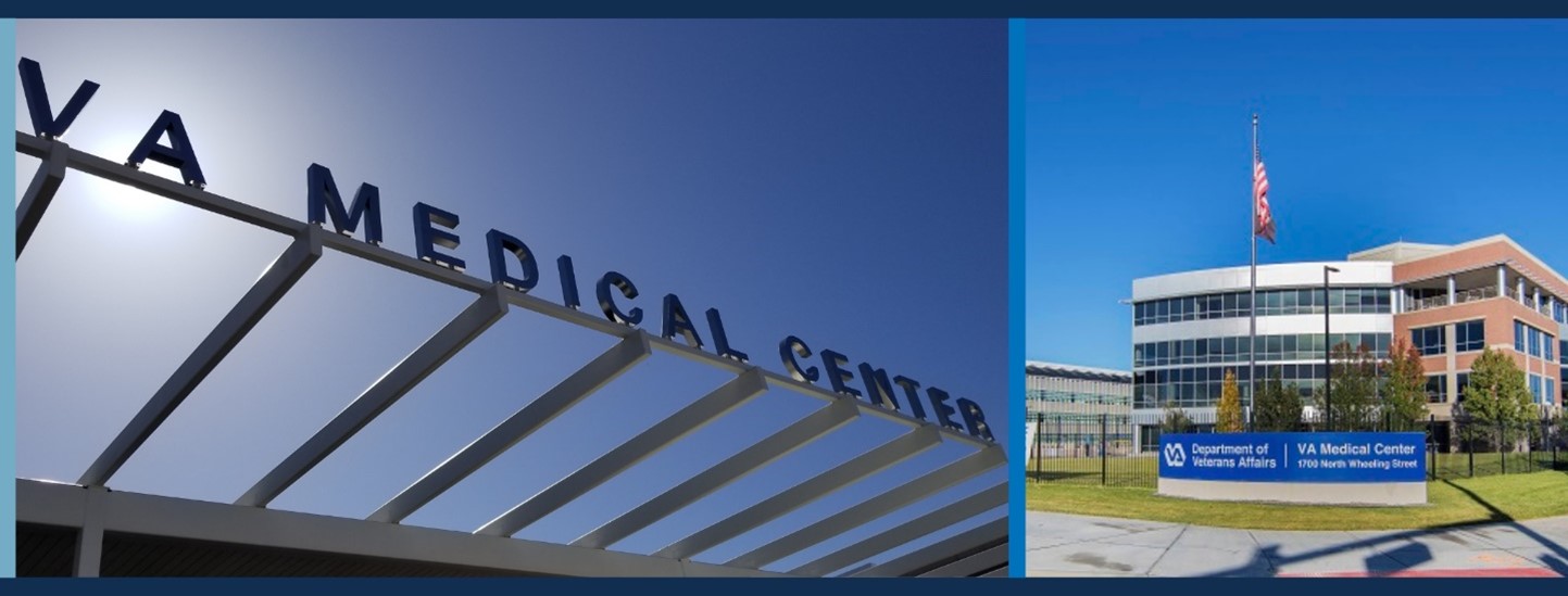 A composite photo of the VA Medical Center entrance sign with the sun in the background (left) and the Rocky Mountain Regional VA Medical Center building with the American flag waving in front (right).