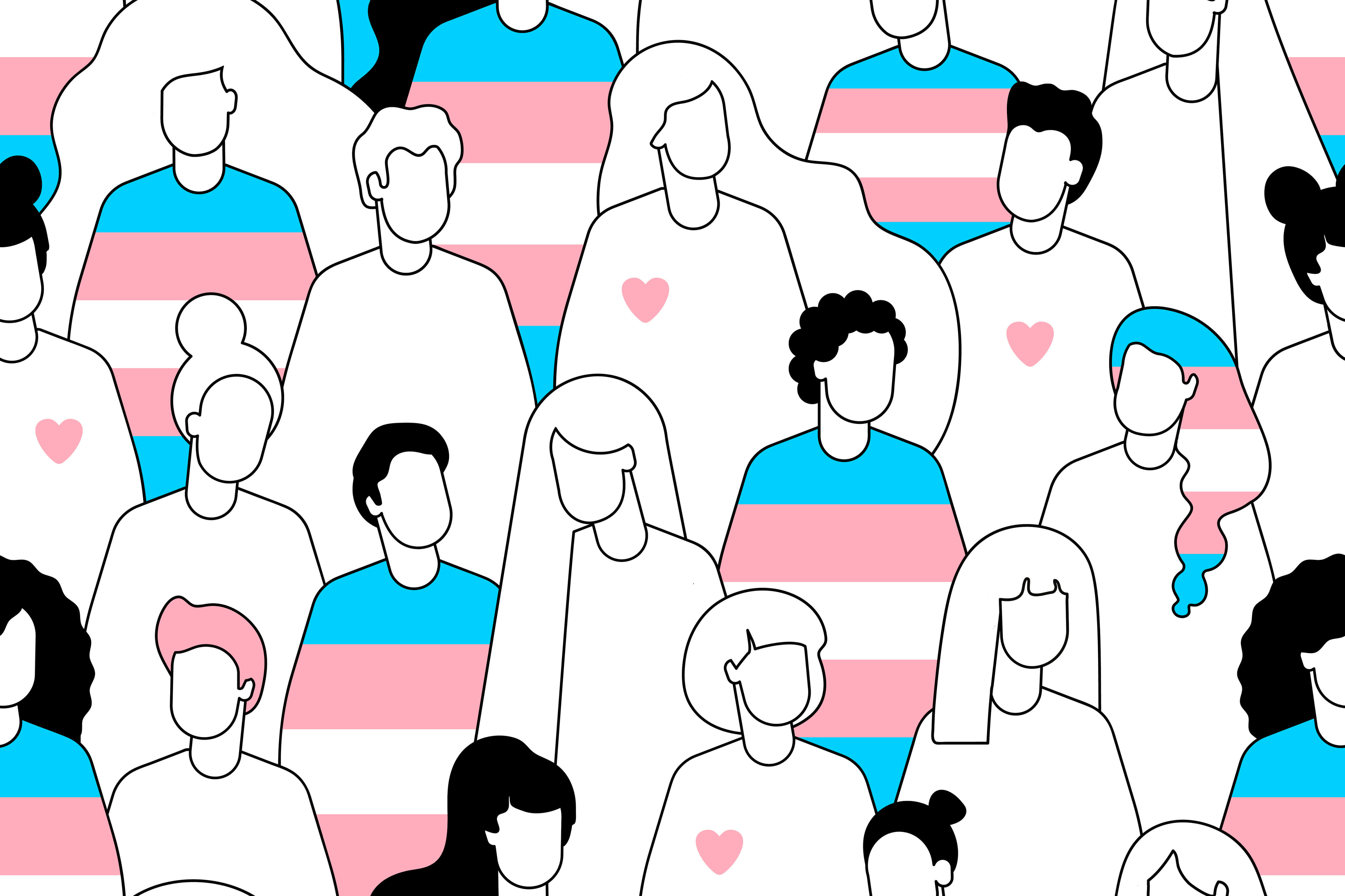 A stylized cartoon of a group of diverse people, some with pink hearts on their shirts, others with the striped transgender flag design on their shirts.