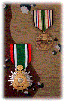 Liberation of Kuwait Medal - Southwest Asia Service Medal // All of us grieve for the victims of war, for the people of Kuwait and the suffering that scars the soul of that proud nation. We grieve for all our fallen soldiers and their families, for all the innocents caught up in this conflict. And, yes, we grieve for the people of Iraq, a people who have never been our enemy. My hope is that one day we will once again welcome them as friends into the community of nations. Our commitment to peace in the Middle East does not end with the liberation of Kuwait.--President Bush //