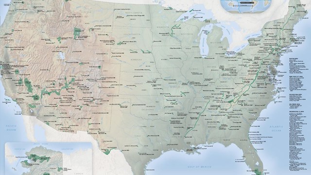 Map of the United States showing all units of the National Park System. Free Entrance to National Parks for Current Military, Veterans, and Gold Star Families.