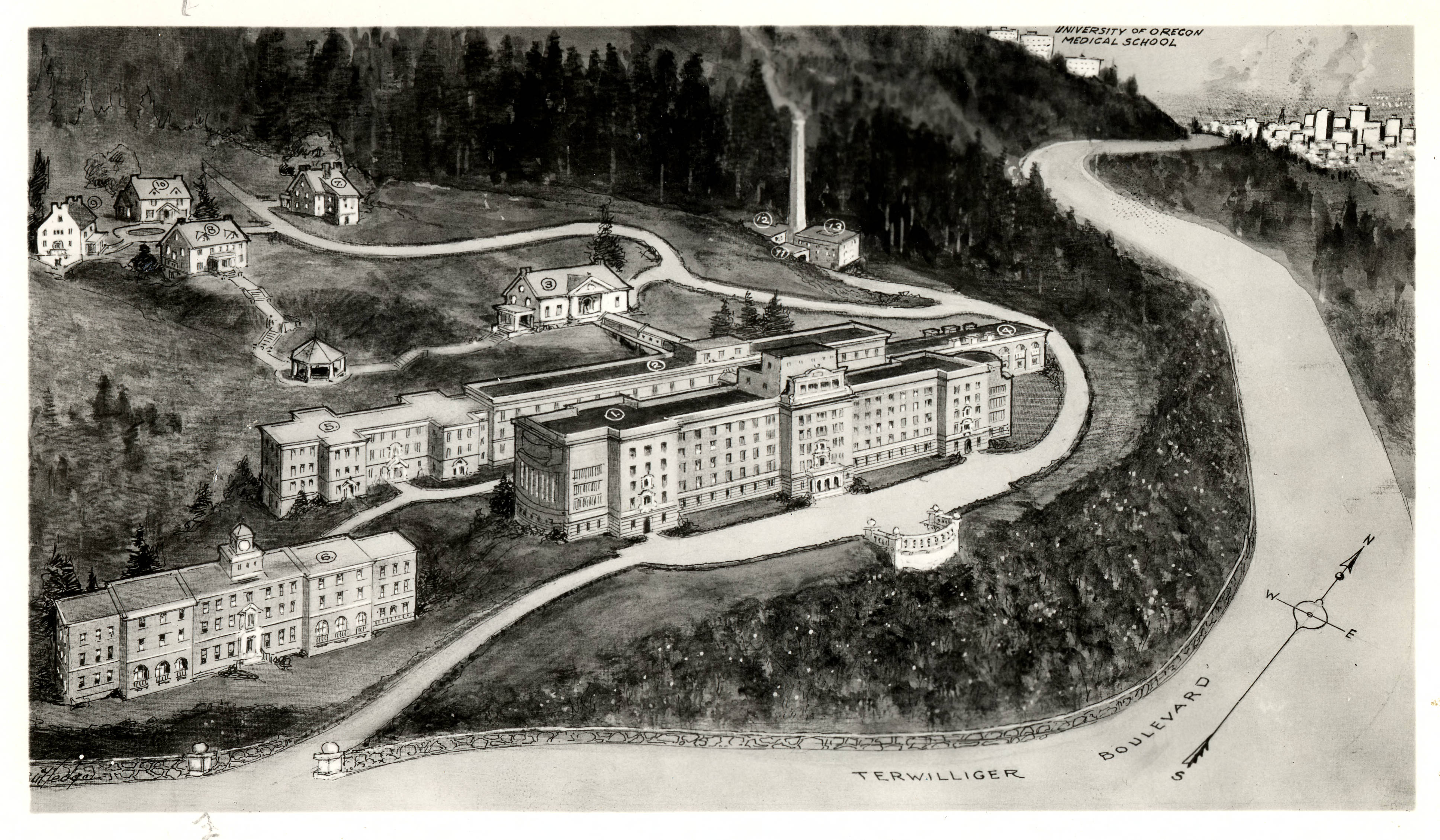 Architectural rendering and street map of Portland VA Medical Center and University of Oregon Medical School